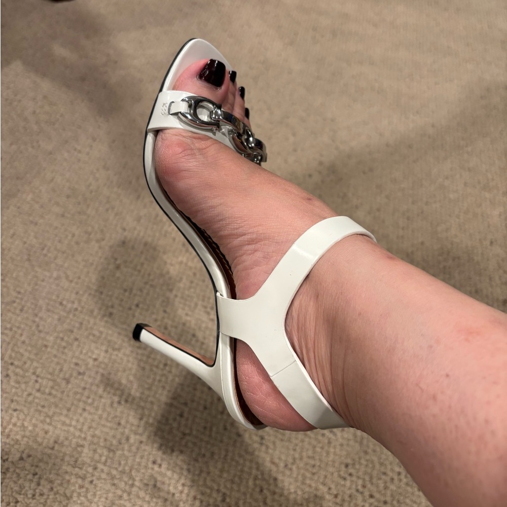 Coach White Heels with Silver Chain Detail - Picture 2 of 11